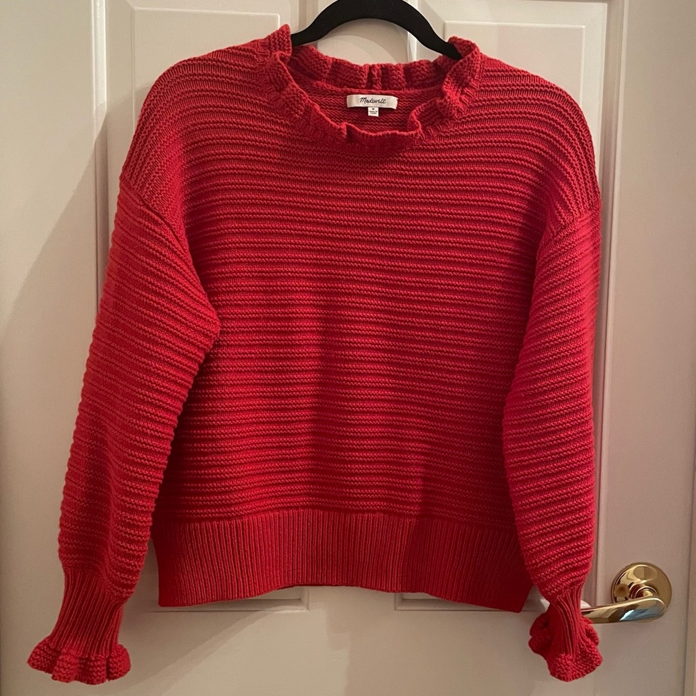 Madewell Ruffle Neck Pullover Sweater in Fresh Chili